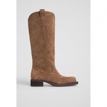 Stradivarius Flat Suede Cowboy Boots TAN