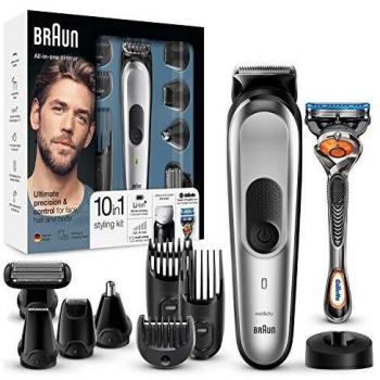 Braun MGK7020 10 en 1, Máquina recortadora barba y cortapelos todo en uno con afeitadora cuerpo, nariz y orejas, afeitadora mini, detalles, color negro/plata