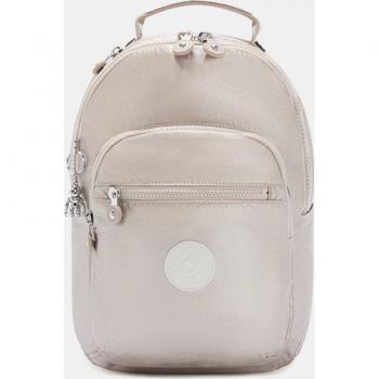Mochila Kipling Seoul de nylon en plata con cremallera, capacidad 14L, diseño femenino