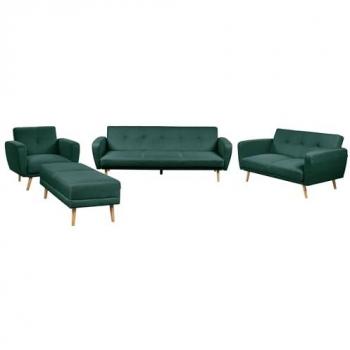 Conjunto de sala de estar retro tapizado en tela verde con 2 sofás, sillón y pouf Florli