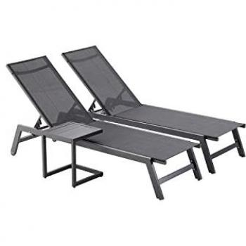 Conjunto de 2 tumbonas reclinables y una mesa auxiliar de color negro, con 2 ruedas, estructura de aluminio textil y respaldo ajustable, ideal para jardín, terraza, playa o piscina