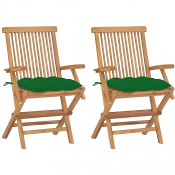 Teak Wood Patio Chairs with Green Cushions - Set of 2