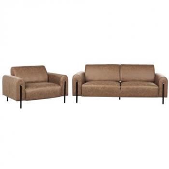 Conjunto de sala de estar moderno 3 plazas y sillón tapizado en tela marrón con respaldo ajustable y patas de metal Askim