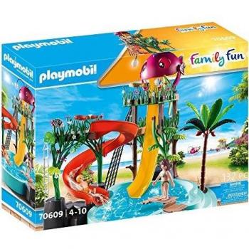PLAYMOBIL Family Fun 70609 Parque Acuático con Tobogán, Juguete para Niños a Partir de 4 Años, Incluye Figuras y Accesorios, Compatible con Agua
