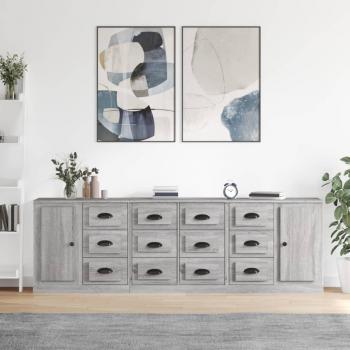 Aparador de 3 piezas de madera contrachapada gris Sonoma, mueble de almacenaje moderno para salón con armarios con puertas y cajón de madera
