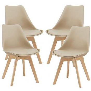 Juego de 4 sillas de comedor Fläten, tapizadas en cuero sintético con patas de madera de haya, dimensiones 81 x 49 x 57 cm, color beige