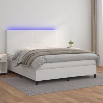 Cama box spring suave con colchón y LED blanco 180x200 cm de cuero sintético