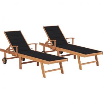 Teak Wood Sun Loungers Set of 2 with Black Cushions