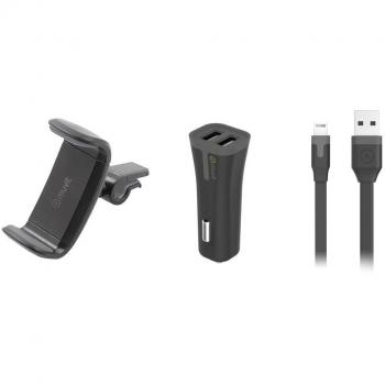Muvit Pack Soporte Coche Salida Aire para Smartphone hasta 6,2 + Cargador de Coche USB Doble Puerto 2A Negro + Cable USB a Lightning MFI Certificado 1 Metro