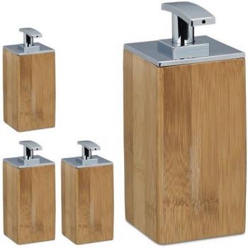 Dispensador de Jabón Bambú Natural - Set de 4, Dosificador Refillable 225 ml, Tamaño: 17 x 7 x 7 cm