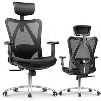 mfavour Silla de Oficina Ergonómica con Respaldo Alto de Malla, Silla de Escritorio con Soporte Lumbar para Reposacabezas y Reposabrazos Ajustable, Negro