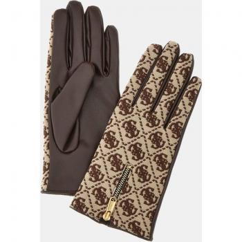 Guess Izzy Logo Gloves with 4G Pattern and Zipper Closure in Brown