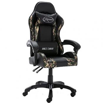 Silla Gaming Giratoria de Cuero Sintético Negro y Camuflaje Ajustable para Escritorio y Videojuegos
