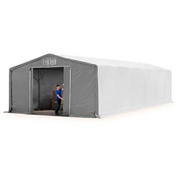 Carpa Industrial 8x12 m con Altura Lateral de 3 m, Lona Ignífuga PVC 2300 N, Impermeable, Color Gris y Puerta Corrediza