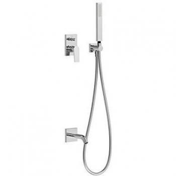 Tres Project-Tres Kit de Baño-Ducha Monomando Empotrado con Cierre y Regulación de Caudal, Cuerpo Empotrado Incluido, Caño Bañera, Soporte con Toma Pared, Ducha Móvil Anticalcárea, Flexo Satín