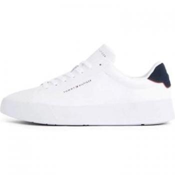 Zapatillas Tommy Hilfiger para Hombre TH Court LTH Detail Ess Blancas, Talla 45, de Piel, Planas, con Cordones y Detalle de Logo