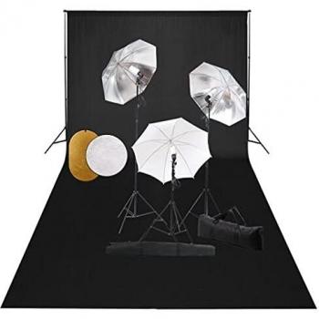 Kit Estudio Fotográfico Día y Noche con Lámparas, Sombrillas, Fondo y Reflector en Colores Negro, Verde y Blanco