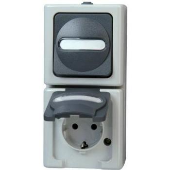 Kopp Toma eléctrica exterior de 2 módulos, color gris, fabricada en termoplástico, con interruptor integrado, capacidad de 16A y clasificación IP44 a 250 V