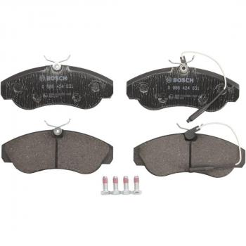 BOSCH 0 986 424 031 Juego de pastillas de freno Low Metallic con sensor de desgaste incorporado, chapa antichirridos y tornillos accesorios, freno de disco delantero