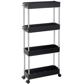 TLV TLV-AM-PB413-BLACK Carro Multiuso Auxiliar con Ruedas Almacenamiento Cocina Baño Estrecho, Negro, Cuatro Baldas