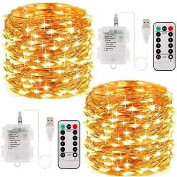 Guirnalda de Luces de Hada - 2PCS Luces de Cadena 33FT 100LED USB y alimentado por batería Luces Navidad con 8 Modos de Luz Decoración Impermeable Exteriores Decoración para Navidad, Boda, Jardines