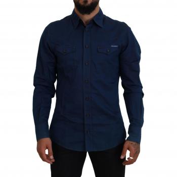 Dolce & Gabbana Blue Denim Cotton Slim Fit GOLD Shirt - IT38 | XS