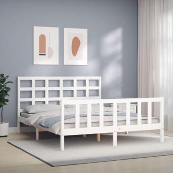 Cama matrimonial king size con cabecero de madera maciza blanca