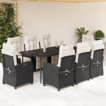 9-Piece Black Poly Rattan Garden Dining Set with Cushions
