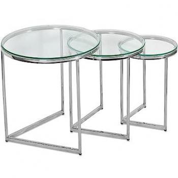 Juego de 3 mesas nido plateadas de acero inoxidable y cristal - Medidas: 55, 45 y 35 cm