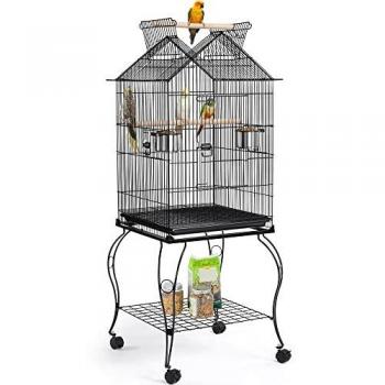 Jaula Voliera para Aves y Pajaritos en Metal y Madera con Ruedas, 59 x 59 x 145 cm