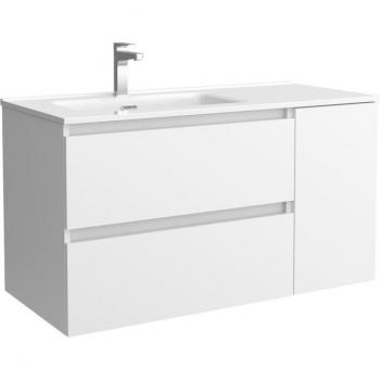 Mueble de baño Bequia con lavabo Oslo y coqueta 1 puerta derecha, 90 cm, blanco, dimensiones 90x45x56