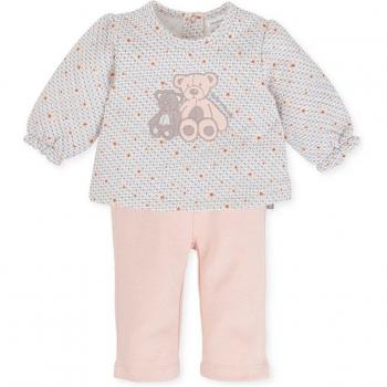 Conjunto sin pie de bebé niña topo con abertura trasera y botón a presión, y conjunto de niña de dos piezas con ositos bordados