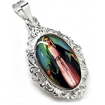 Colgante de Plata Ley 925 con Imagen Color Virgen Milagrosa para Mujer, Tamaño 35x25mm, y Colgante de Plata Ley 925 con Tetragramatón de 37mm, Amuleto con