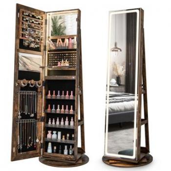360-Degree Swivel Jewelry Cabinet with LED Lights & Full Length Mirror