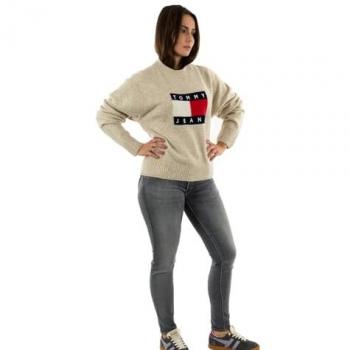 Tommy Jeans Women's Relaxed Fit Round-Neck Flag Knit Sweater in Ancient White Melange