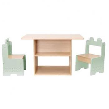 Mesa para niños con 2 sillas y estantes, color verde y azul, dimensiones 80x48x49.5 cm