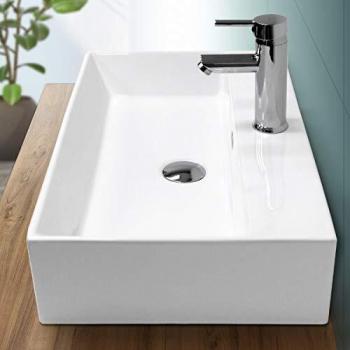 Lavabo de Cerámica Blanco Rectangular para Baño - 605x365x130 mm - Lavamanos Suspendido con Desagüe y Orificio para Grifo