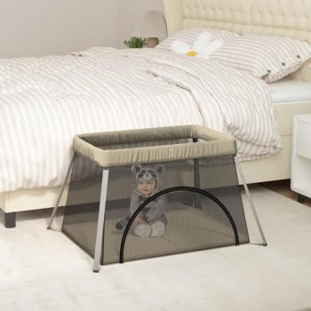 Parque infantil para bebés con colchón de tela lino gris taupé