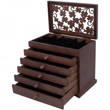 SONGMICS Caja de Madera para Joyas con Tallas Florales, Caja Joyero de 6 Niveles con 5 Cajones Extraíbles, Regalo para los Seres Queridos, Marrón Oscuro JBC56W