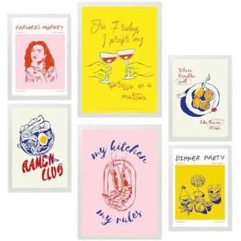 Set de 6 Pósters Ilustraciones de Alimentos y Vino Estilo Pop Art para Decoración de Paredes del Hogar A3 y A4 Sin Marco