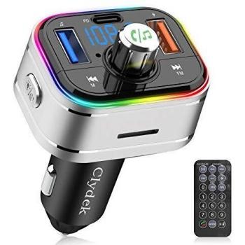Clydek Transmisor FM, adaptador de radio de coche Bluetooth con control remoto, compatible con la función de carga y apagado PD3.0 tipo C, reproductor de música compatible con tarjeta USB TF
