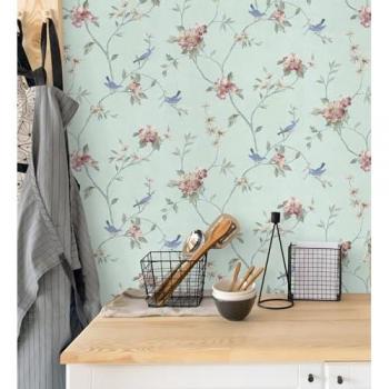 Papel Pintado Vinílico Lavable de Pájaros y Flores Estilo Romántico - Villa Elena 121383 - Rollo 10 m x 0,52 m