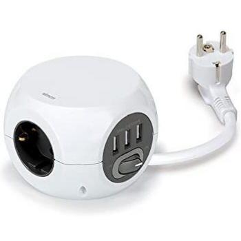 Base Múltiple SimonBrico Combi Ball con 3 Tomas y 3 USB, Cable de 1.4 Metros, Color Blanco