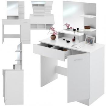 Tocador de maquillaje Zoe con espejo grande, dimensiones 90 x 40 x 137,5 cm, estilo moderno, 3 estantes abiertos, cajón dividido, compartimento lateral con estante intermedio y puerta, superficie de fácil