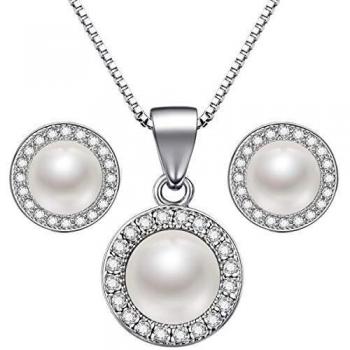 Lydreewam Juego de collar y pendientes de perlas de plata de ley 925 para mujer + caja de regalo azul