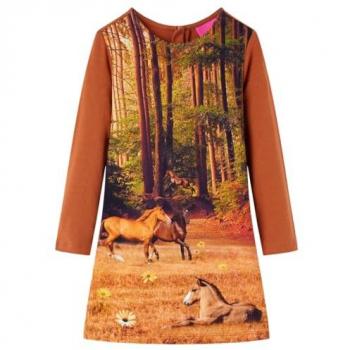 Vestido de Niña de Manga Larga Estampado de Caballos Color Coñac 140