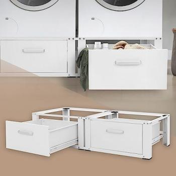 Pedestal Doble para Lavadora o Secadora con 2 Cajones, Blanco, 128x53.5x31.5 cm, Acero, Capacidad hasta 150 kg x2