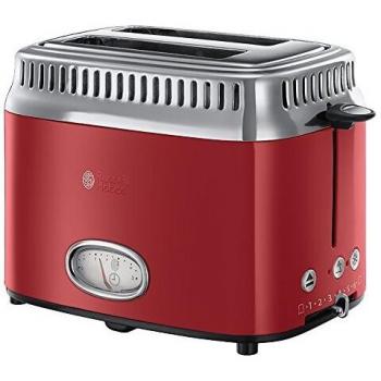 Russell Hobbs Tostadora Retro - 2 Ranuras Cortas y Anchas, Tostador para 2 Rebanadas, Bandeja Recogemigas, Calientapanecillos, Función Descongelar, Diseño Vintage, Acero Inoxidable, Rojo - 21680-56