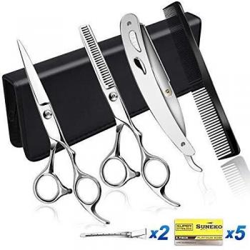 NWOUIIAY Tijeras Peluquería Profesional Juego de Tijeras de Acero Inoxidable con Navaja de Afeitar y Maquinilla de Peine Plateado