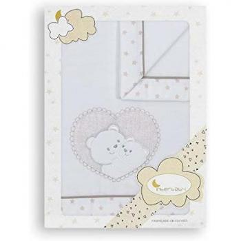 Sábanas Cuna Franela Corazón Oso Blanco Beige